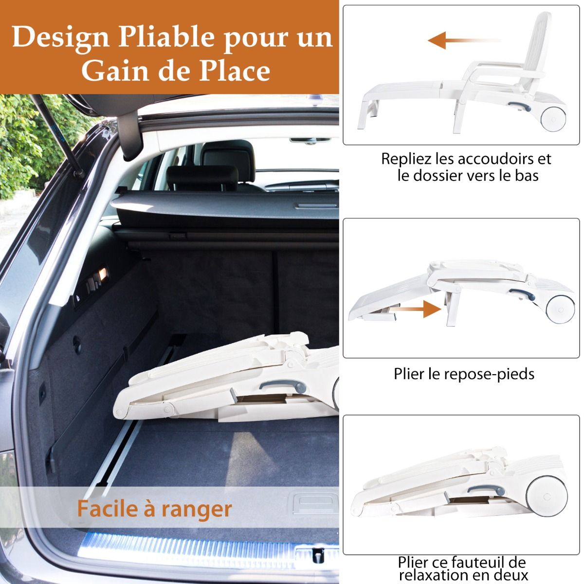 Chaise Longue Inclinable Rglable 5 Positions avec Roues Flexibles Fauteuil Relax de Camping avec Bo卯te de Rangement Charge 150KG Blanc -