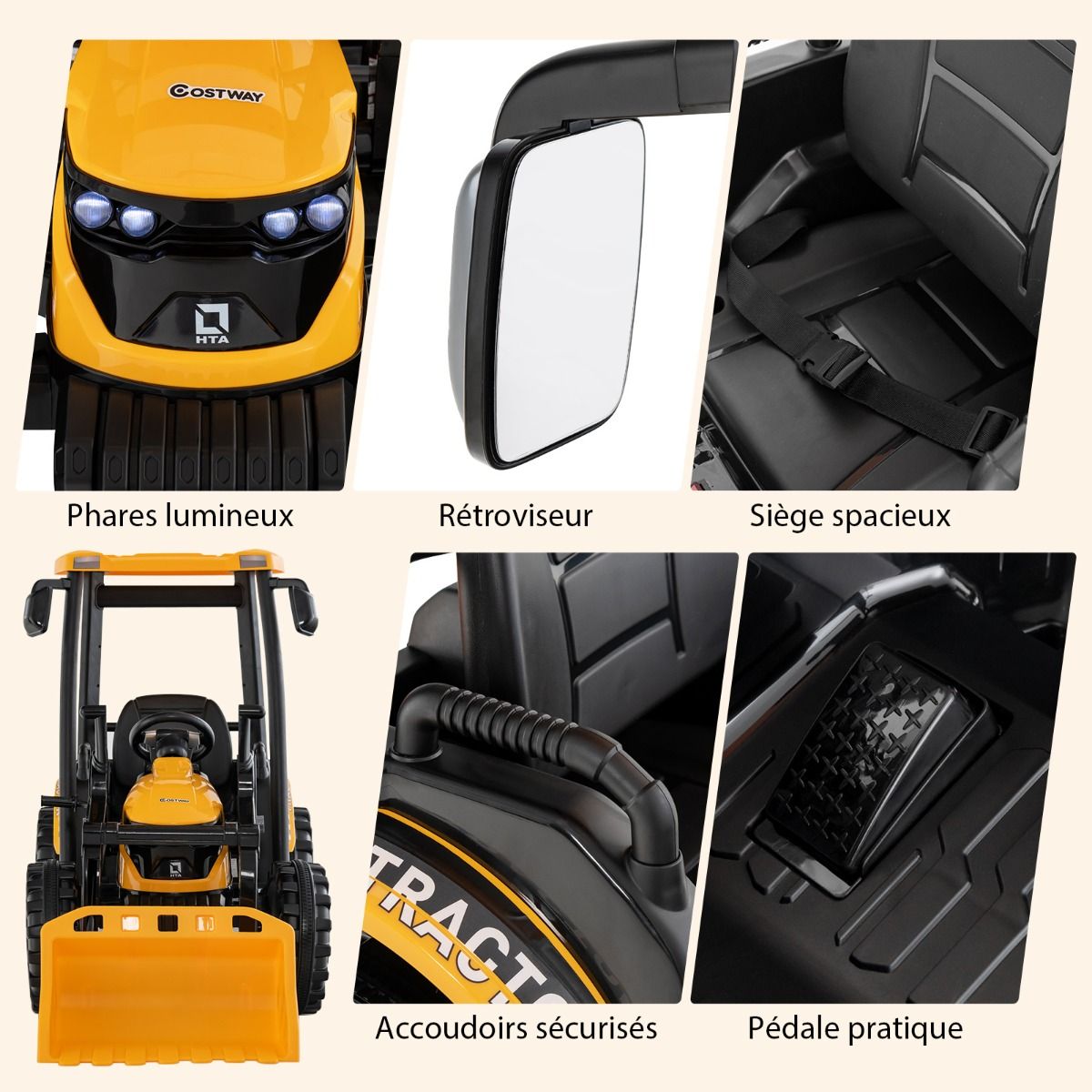 12V Tracteur lectrique Enfants avec Pelle&Remorque Amovible Vhicule lectrique 6 Roues avec Tlcommande & Musique 3-6 km/h pour 3-8 Ans Jaune/Vert -