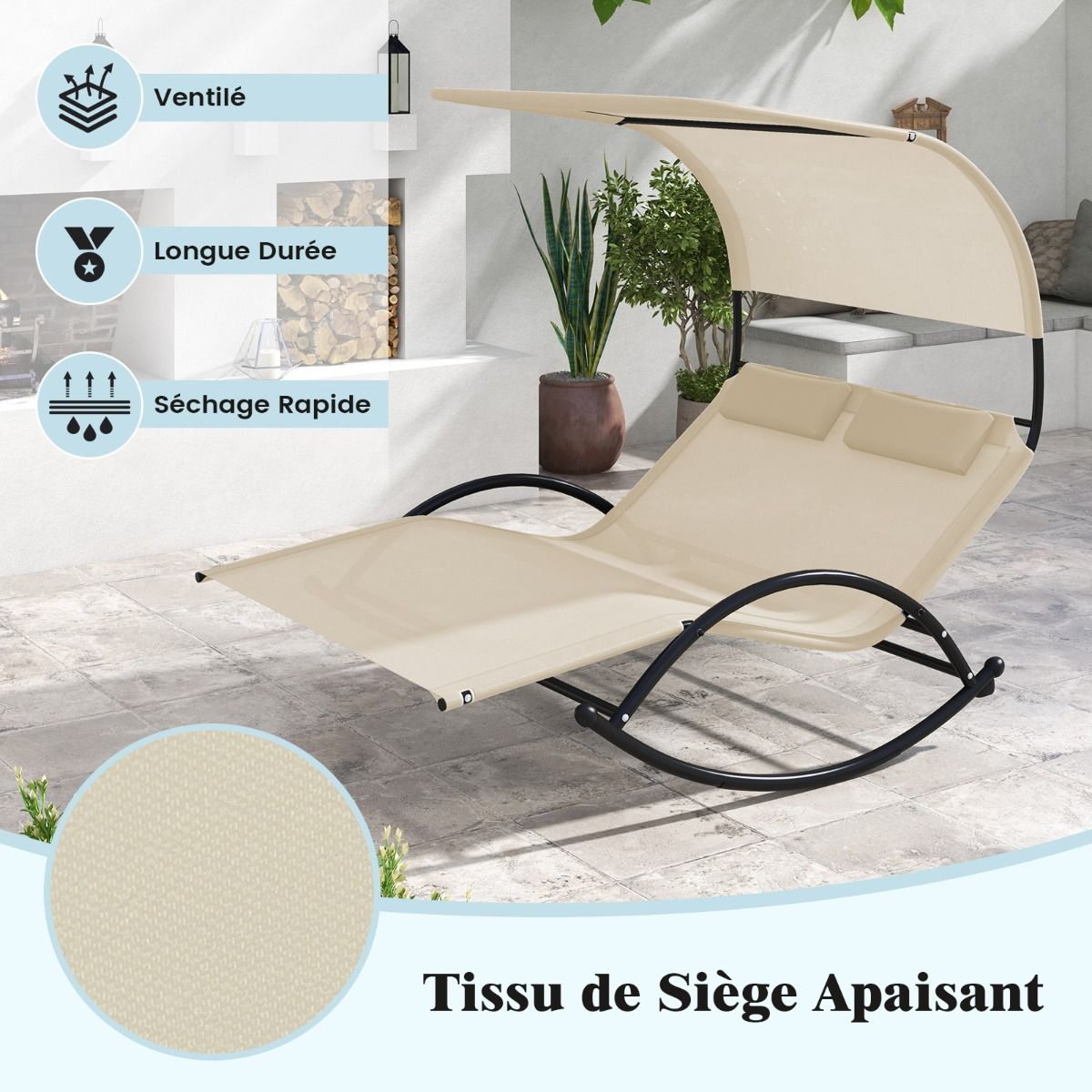 Chaise Longue Double Chaise Bascule pour 2 Personnes 2 Appui-T锚tes Amovibles Cadre en Mtal Robuste Lit de Repos Ergonomique 2 Places Gris/Noir/Beige -