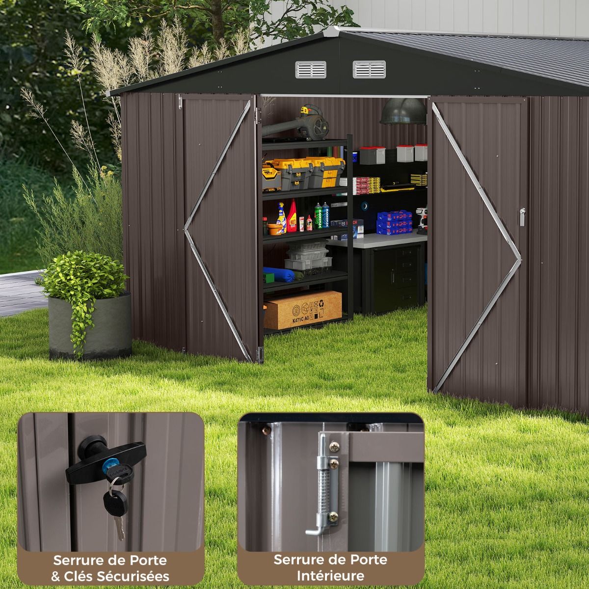 Abri de Stockage Extrieur Grand Hangar Outils avec Design de Toit Inclin Portes Fermables avec Cls 4 Arations 350x350x198cm Gris -