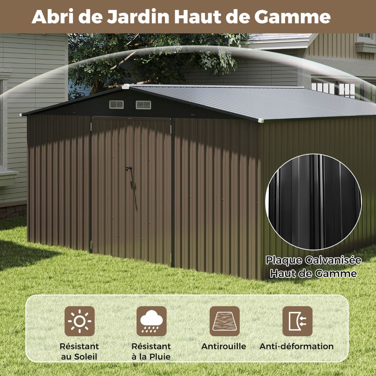 Abri de Stockage Extrieur Grand Hangar Outils avec Design de Toit Inclin Portes Fermables avec Cls 4 Arations 350x350x198cm Gris -