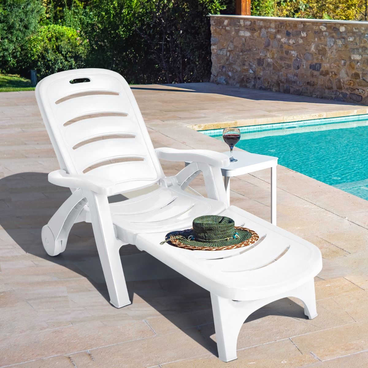 Chaise Longue Pliable Dossier Inclinable 5 Positions avec Roues Intgres pour Terrasse Jardin Piscine 150 kg Gris/Blanc/Bleu -