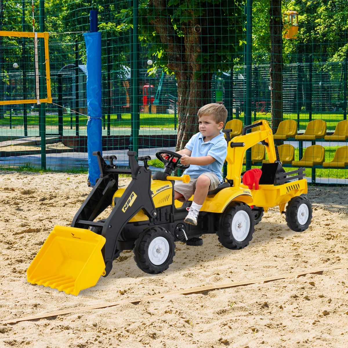 3 en 1 Tracteur pour Enfant avec 6 Roues Jouet Pelle Remorque Amovible avec Volant Klaxon 3 6 Ans Jaune/Vert -