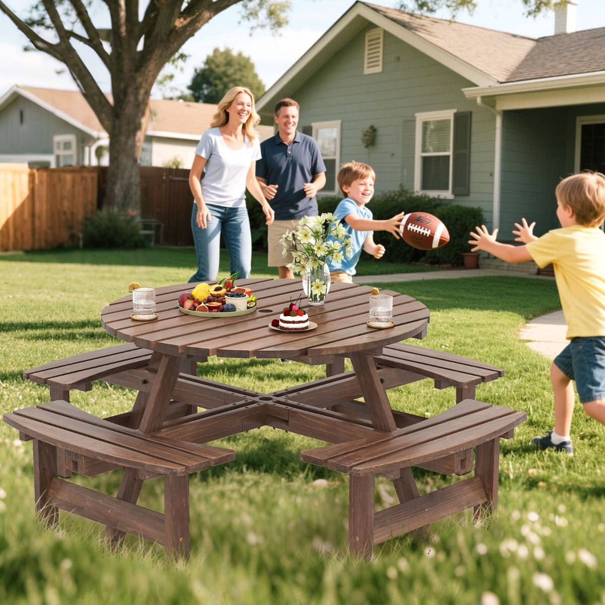 Ensemble Table de Pique-Nique en Bois pour 2 8 Personnes Set Table et Banc Circulaire avec 4 Bancs Intgrs Trou de Parasol de 5cm Marron/Jaune -