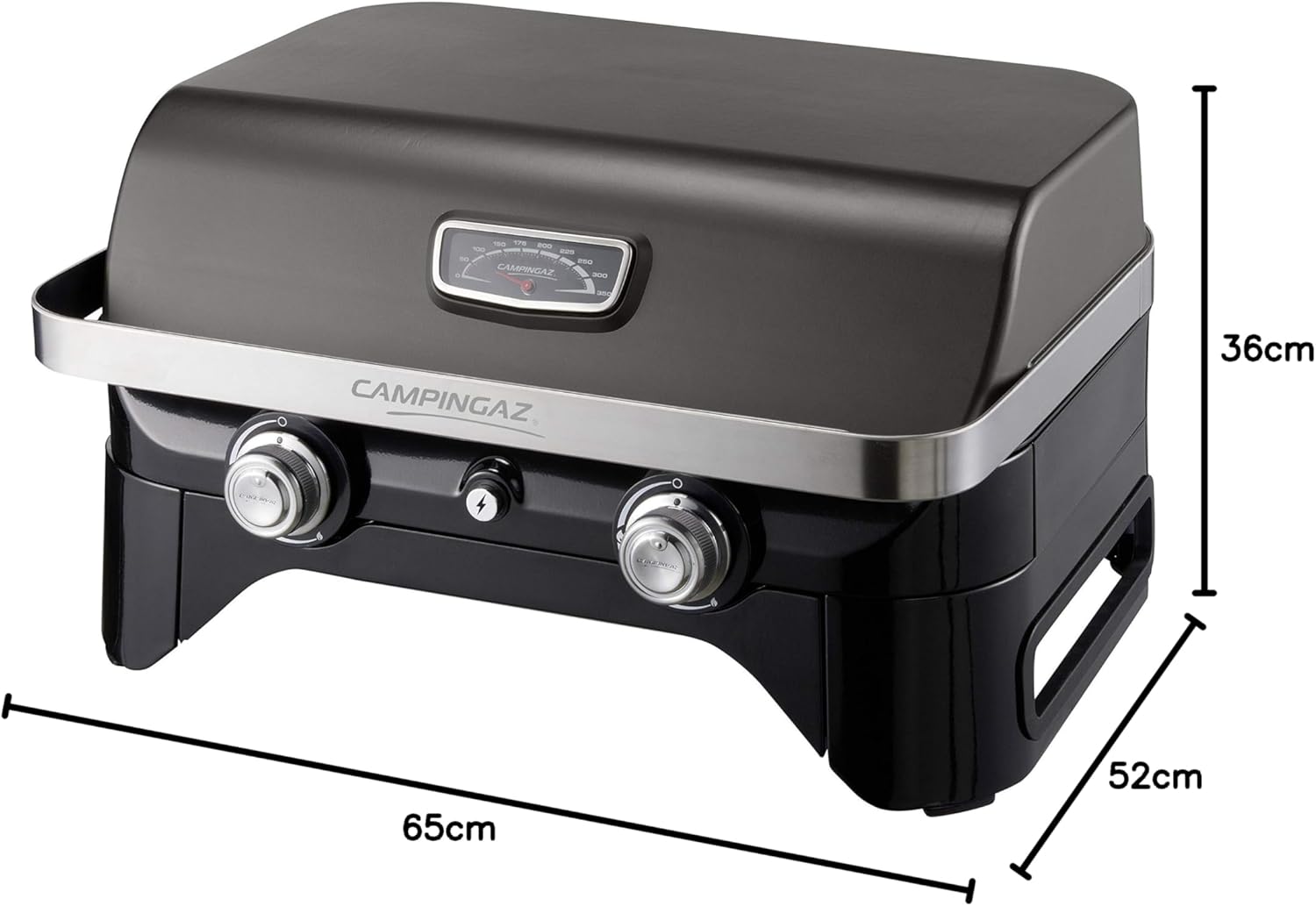 Attitude2go,Barbecue de Table Faible fume,BBQ Portable, Couvercle,thermomtre,et Grille en Fonte,Alimentation : Cartouche de gaz CV 470 Plus,Gris