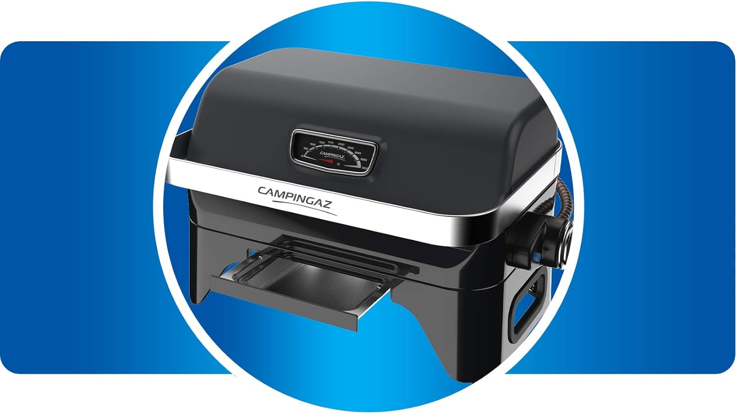 Attitude2go,Barbecue de Table Faible fume,BBQ Portable, Couvercle,thermomtre,et Grille en Fonte,Alimentation : Cartouche de gaz CV 470 Plus,Gris