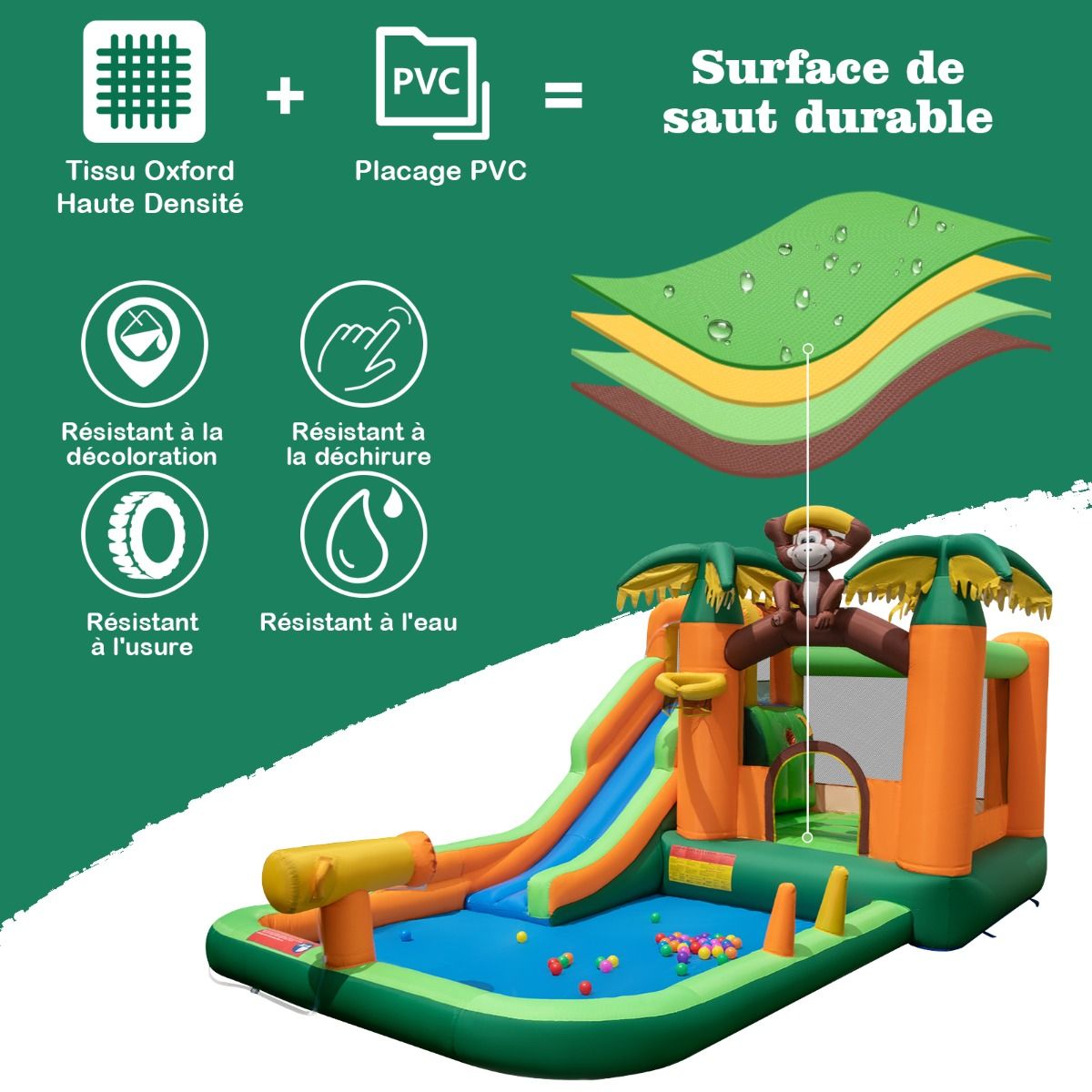 7 en 1 Ch芒teau Gonflable Tropical Thme Singe & Palmier avec Toboggan Aquatique avec Piscine & 50 Boules Charge 90kg pour 2 Enfants de 3-10 Ans -