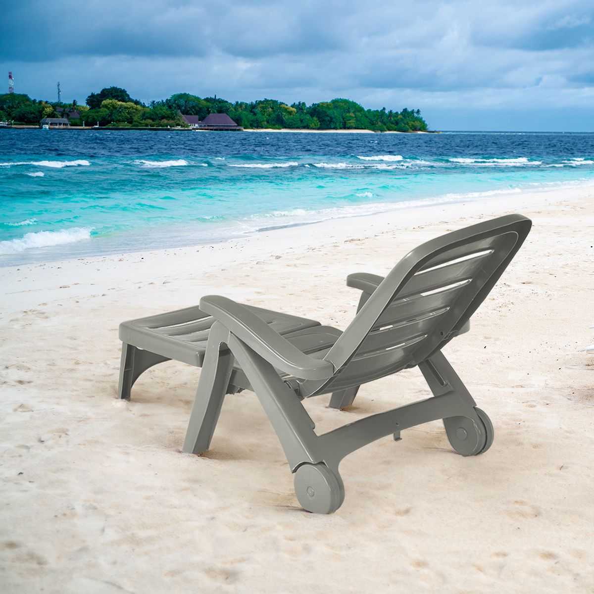 Chaise Longue Pliable Dossier Inclinable 5 Positions avec Roues Intgres pour Terrasse Jardin Piscine 150 kg Gris/Blanc/Bleu -