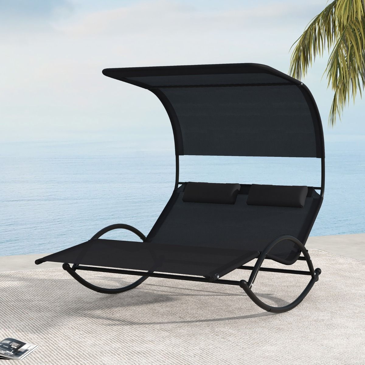 Chaise Longue Double Chaise Bascule pour 2 Personnes 2 Appui-T锚tes Amovibles Cadre en Mtal Robuste Lit de Repos Ergonomique 2 Places Gris/Noir/Beige -