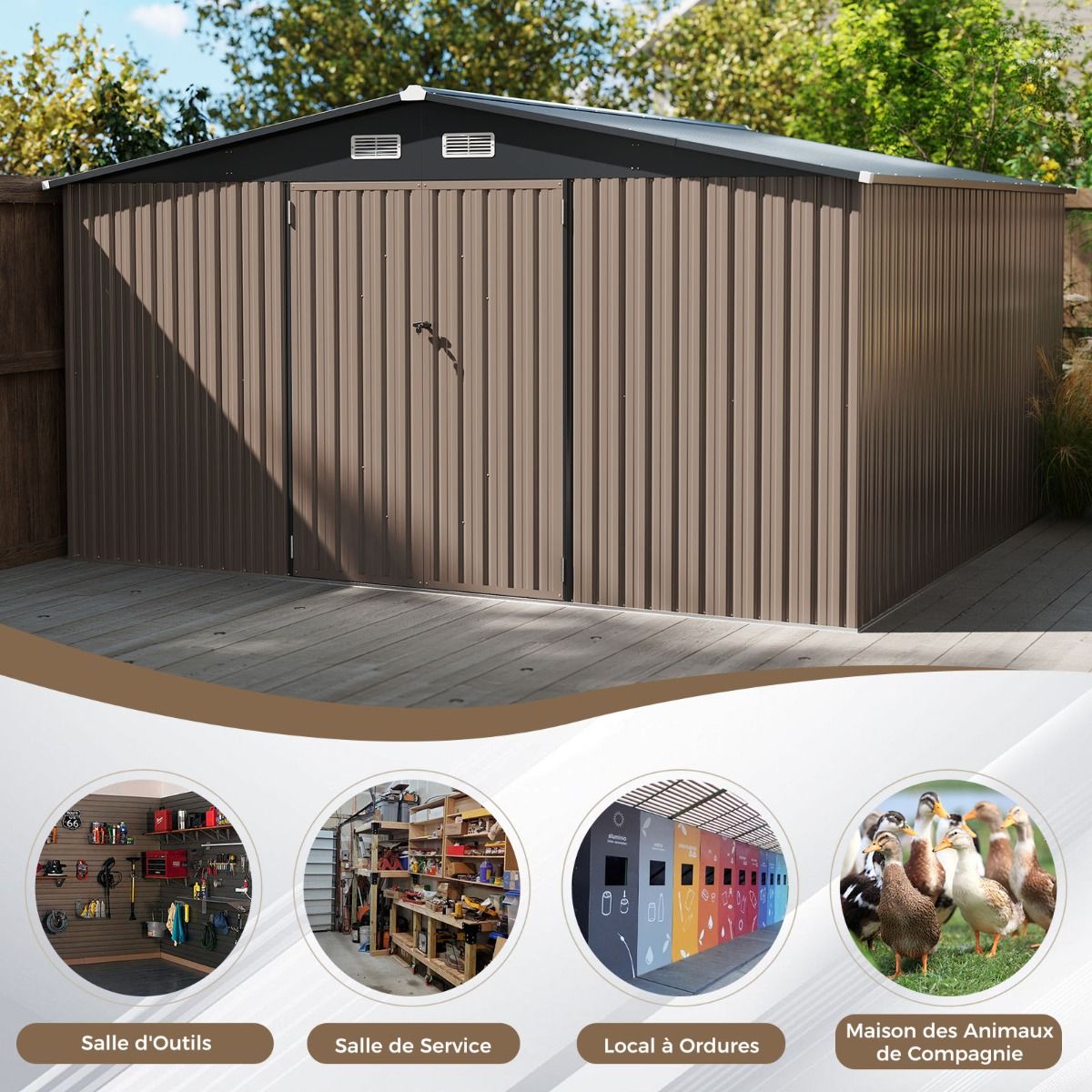 Abri de Stockage Extrieur Grand Hangar Outils avec Design de Toit Inclin Portes Fermables avec Cls 4 Arations 350x350x198cm Gris -
