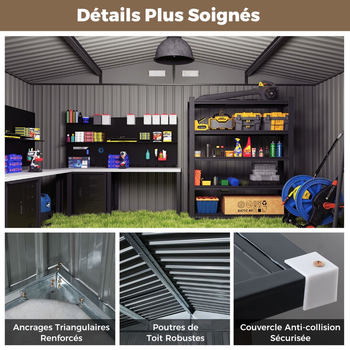 Abri de Stockage Extrieur Grand Hangar Outils avec Design de Toit Inclin Portes Fermables avec Cls 4 Arations 350x350x198cm Gris -