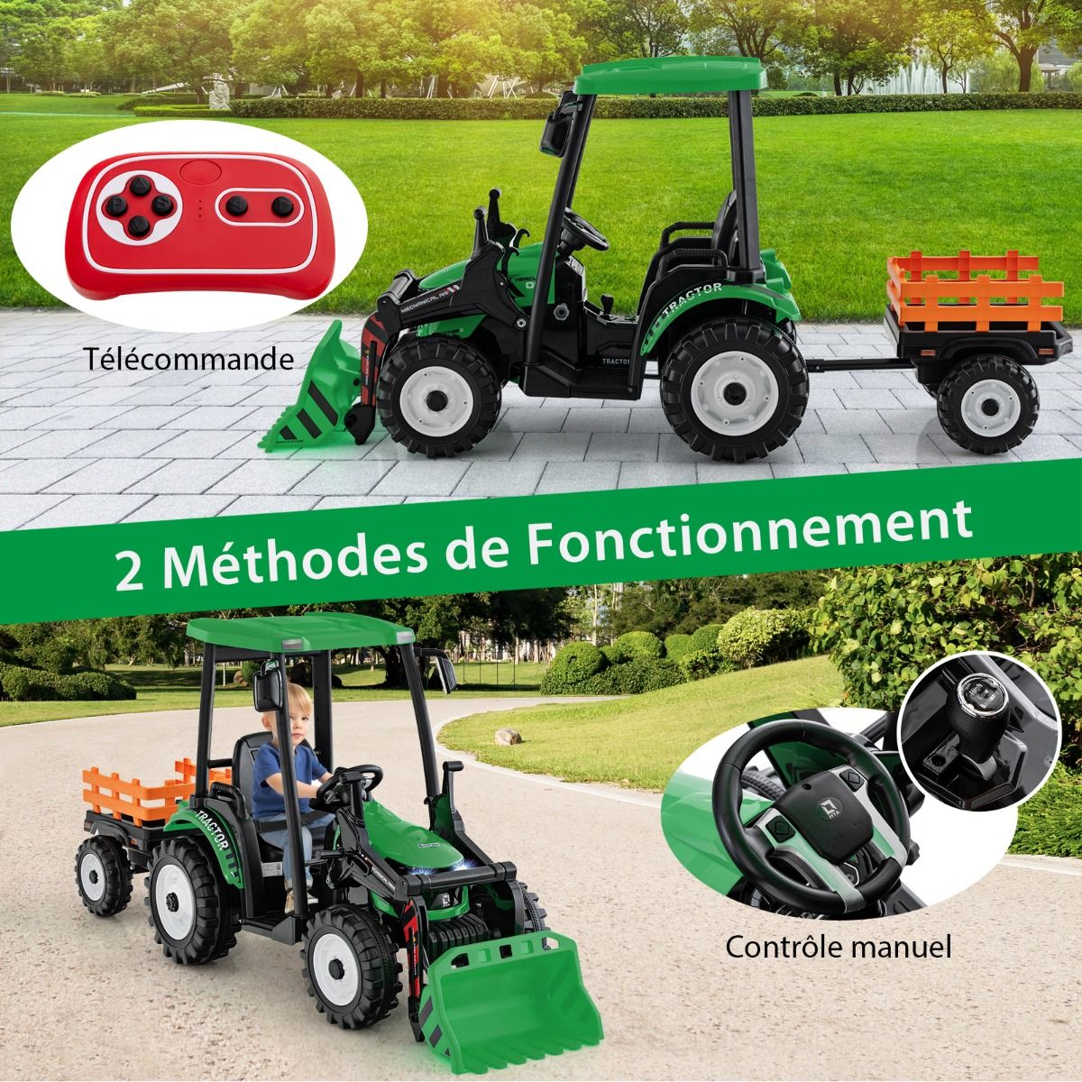 12V Tracteur lectrique Enfants avec Pelle&Remorque Amovible Vhicule lectrique 6 Roues avec Tlcommande & Musique 3-6 km/h pour 3-8 Ans Jaune/Vert -