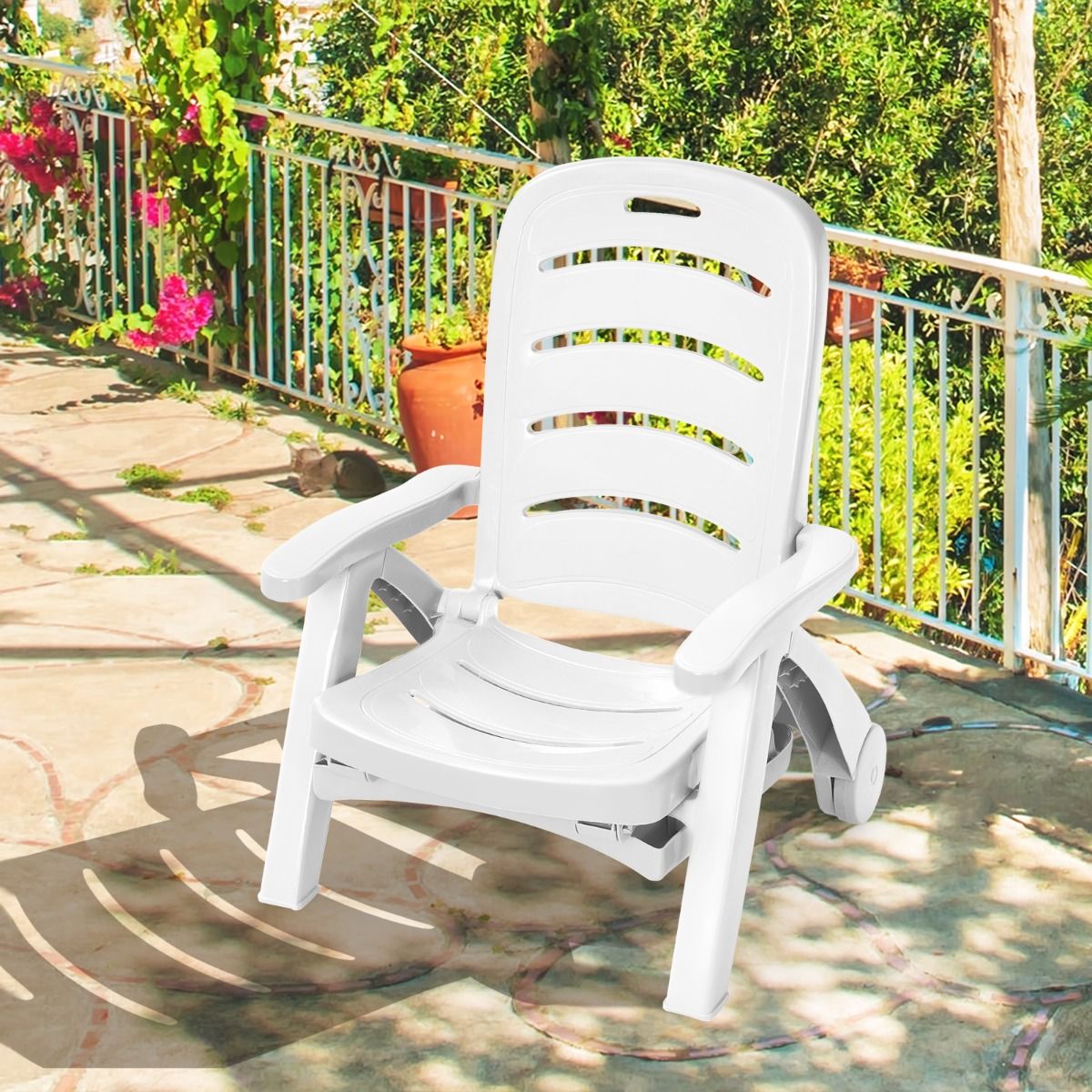 Chaise Longue Pliable Dossier Inclinable 5 Positions avec Roues Intgres pour Terrasse Jardin Piscine 150 kg Gris/Blanc/Bleu -