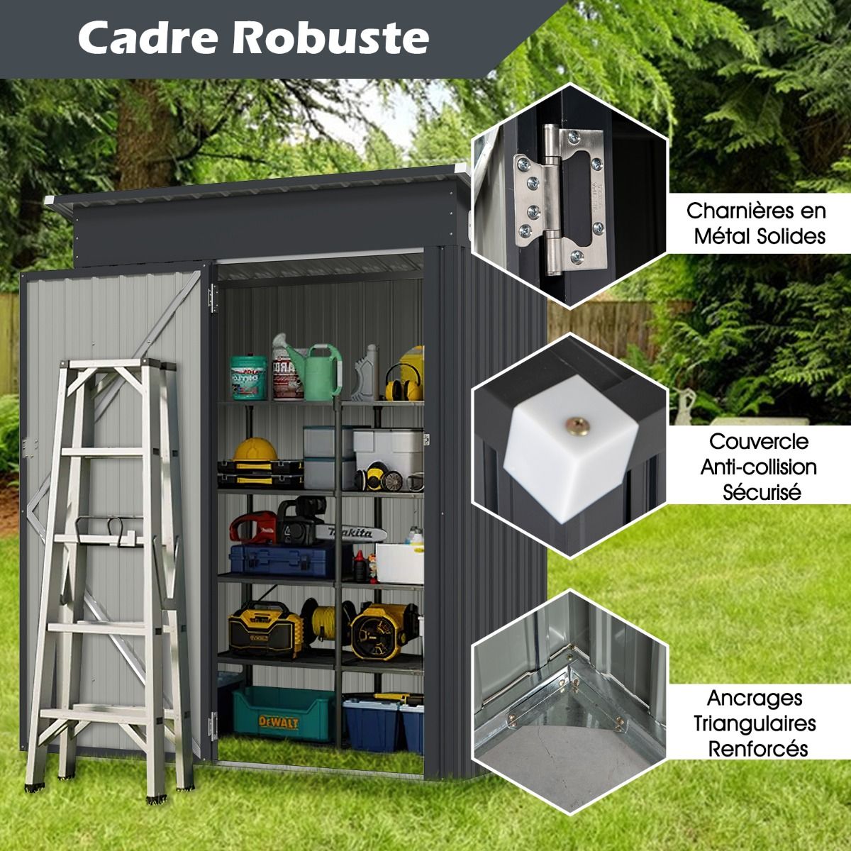 Abri de Rangement Toutes Saisons Abri Outils Utilitaire avec Toit en Pente Porte Ouvrante Arations Cadre en Mtal Galvanis Gris -