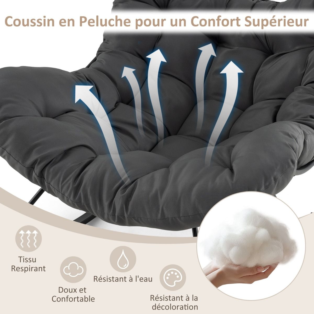 Chaise Bascule d'Intrieur et d'Extrieur Chaise Papasan Surdimensionne avec Coussin Rembourr & Cadre en Mtal Capacit 205 Kg Gris -