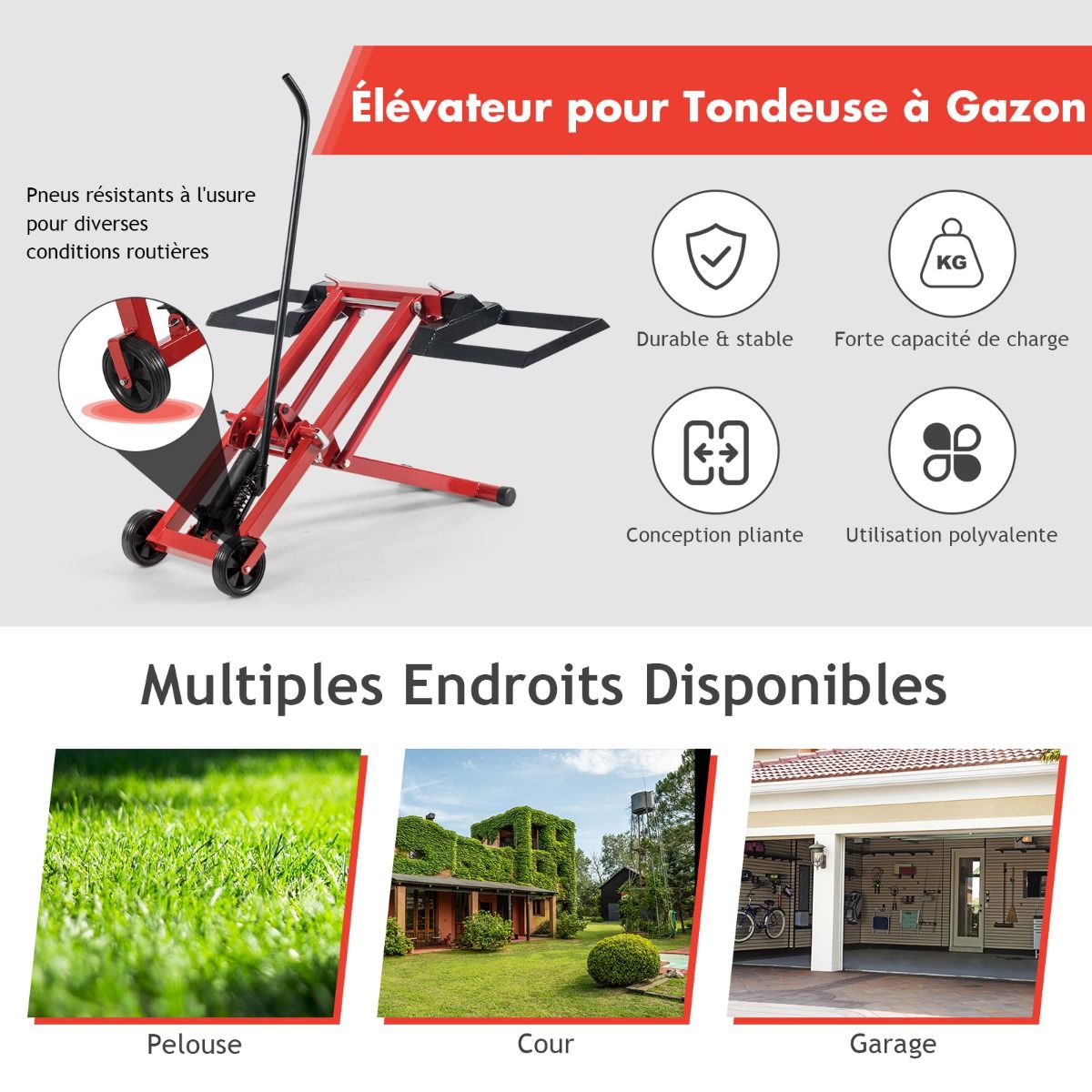 Cric de Levage pour Tondeuse Gazon pour Tracteurs et Tondeuses Gazon Autoportes Rayon de Braquage Nul Capacit de 227 Kg -