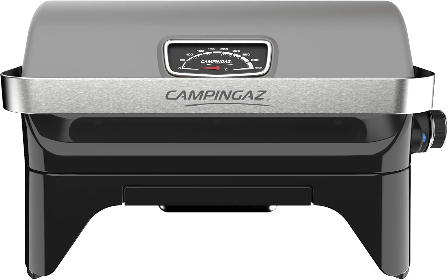 Attitude2go,Barbecue de Table Faible fume,BBQ Portable, Couvercle,thermomtre,et Grille en Fonte,Alimentation : Cartouche de gaz CV 470 Plus,Gris