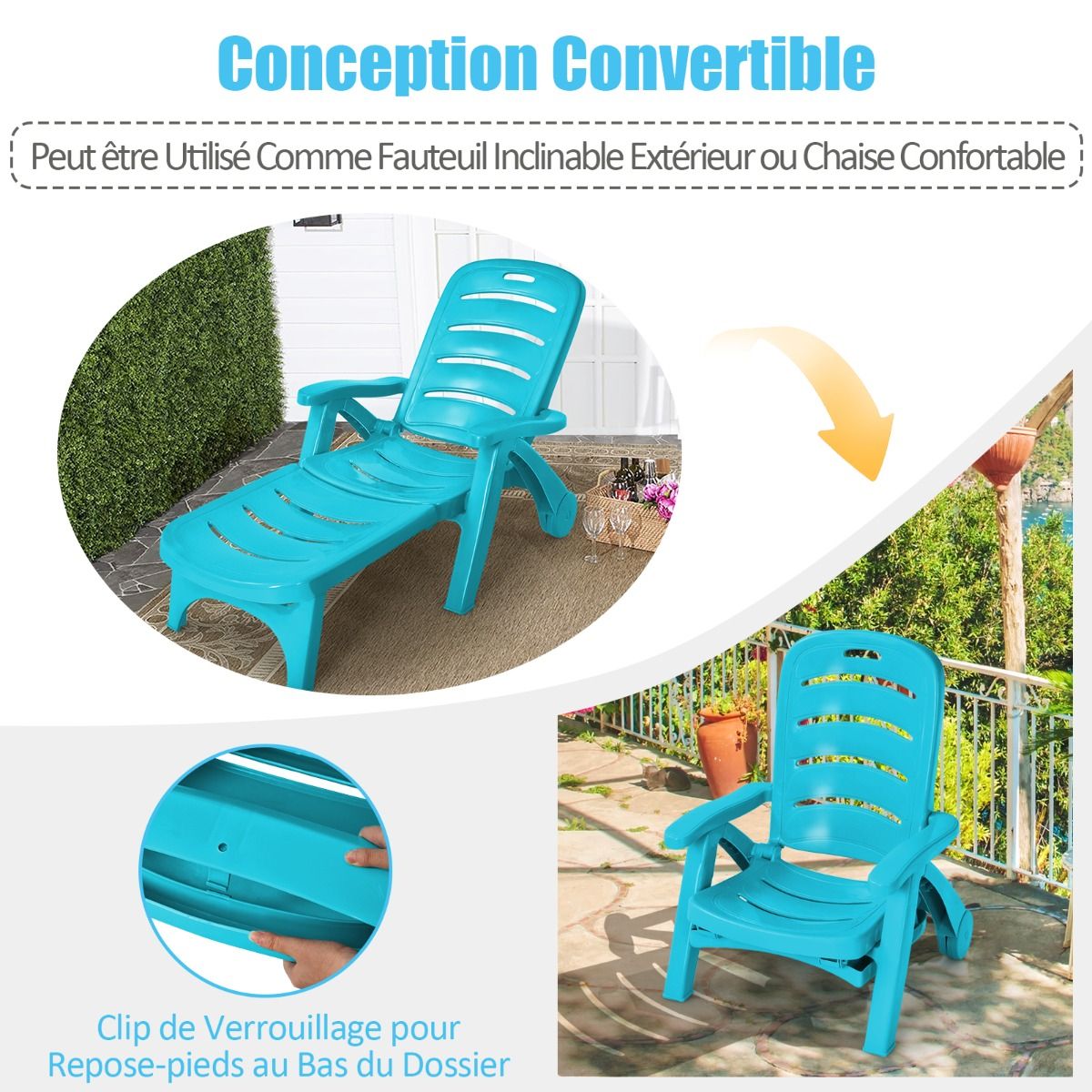 Chaise Longue Pliable Dossier Inclinable 5 Positions avec Roues Intgres pour Terrasse Jardin Piscine 150 kg Gris/Blanc/Bleu -