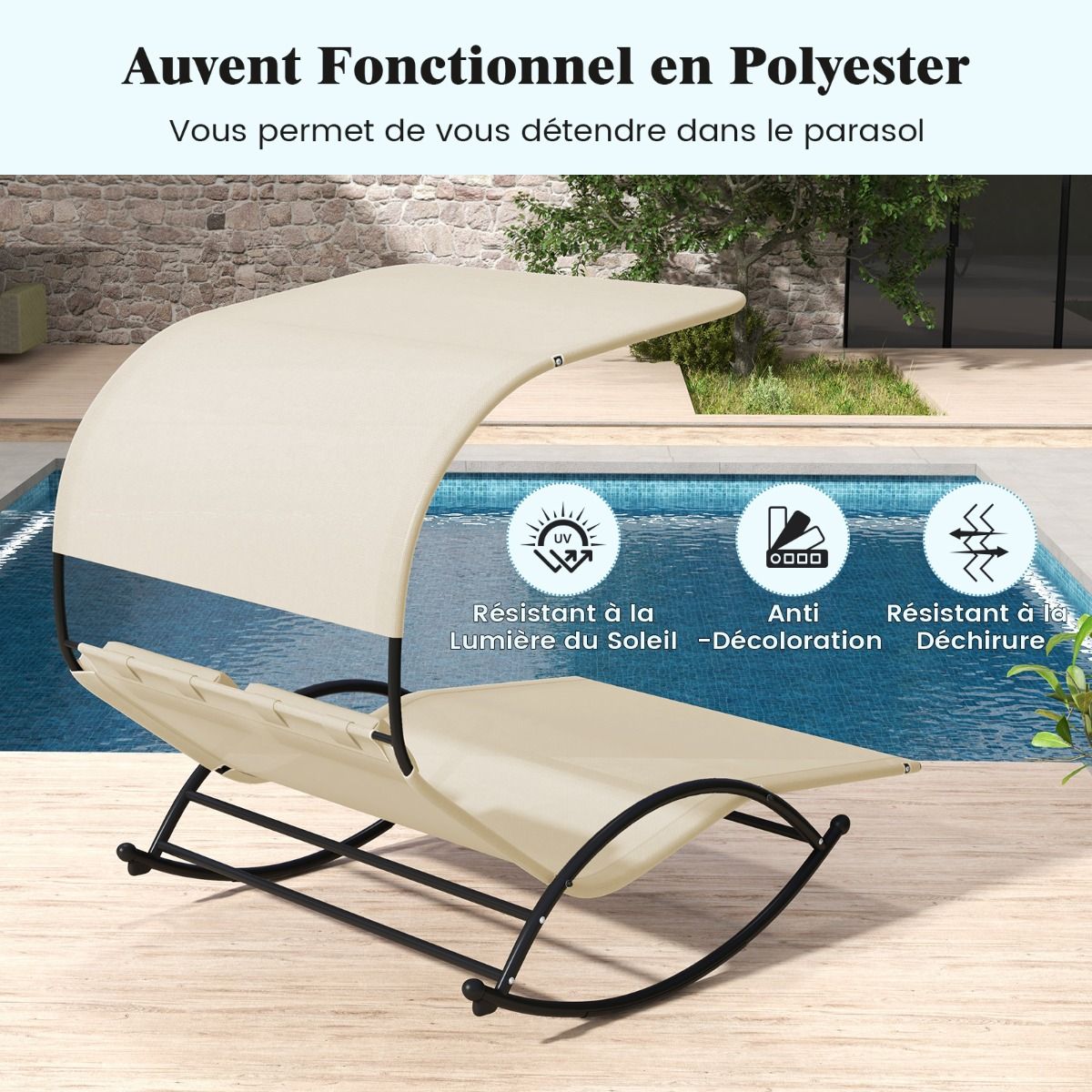 Chaise Longue Double Chaise Bascule pour 2 Personnes 2 Appui-T锚tes Amovibles Cadre en Mtal Robuste Lit de Repos Ergonomique 2 Places Gris/Noir/Beige -