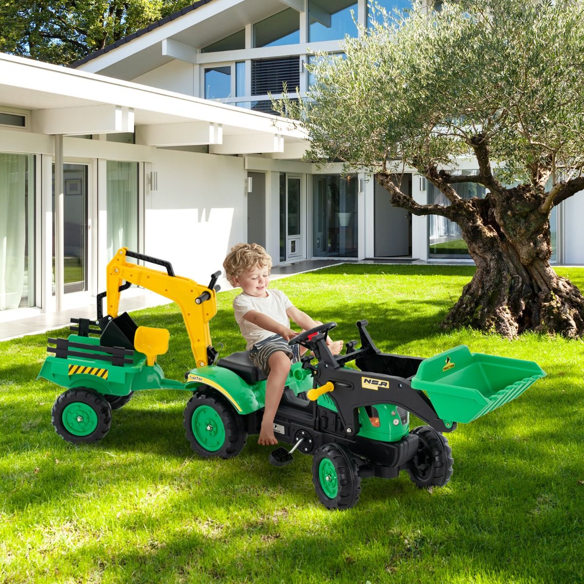 3 en 1 Tracteur pour Enfant avec 6 Roues Jouet Pelle Remorque Amovible avec Volant Klaxon 3 6 Ans Jaune/Vert -