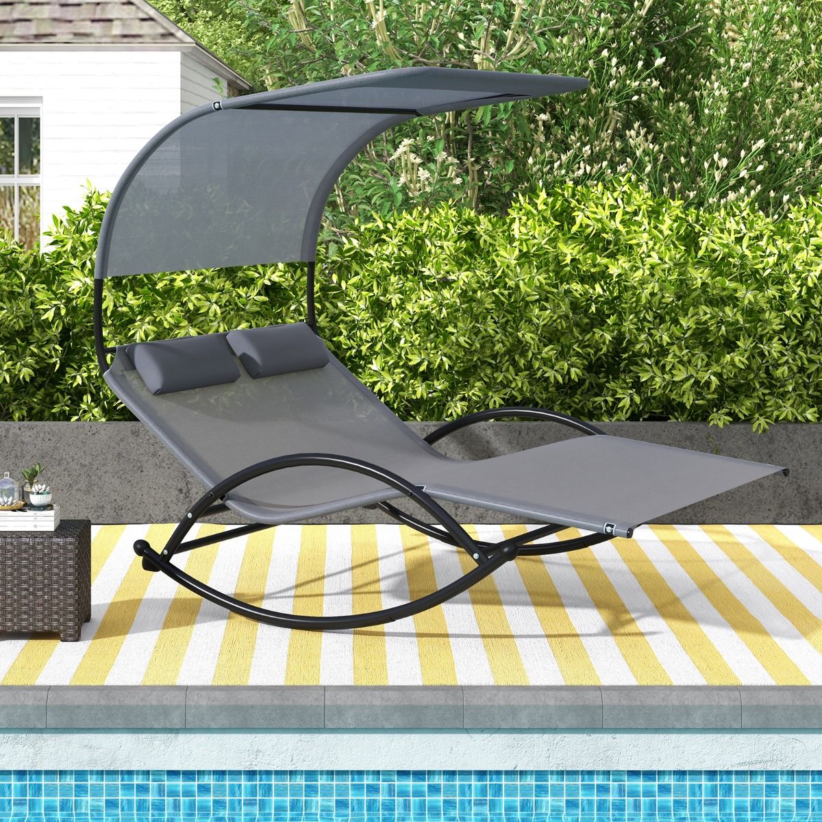 Chaise Longue Double Chaise Bascule pour 2 Personnes 2 Appui-T锚tes Amovibles Cadre en Mtal Robuste Lit de Repos Ergonomique 2 Places Gris/Noir/Beige -