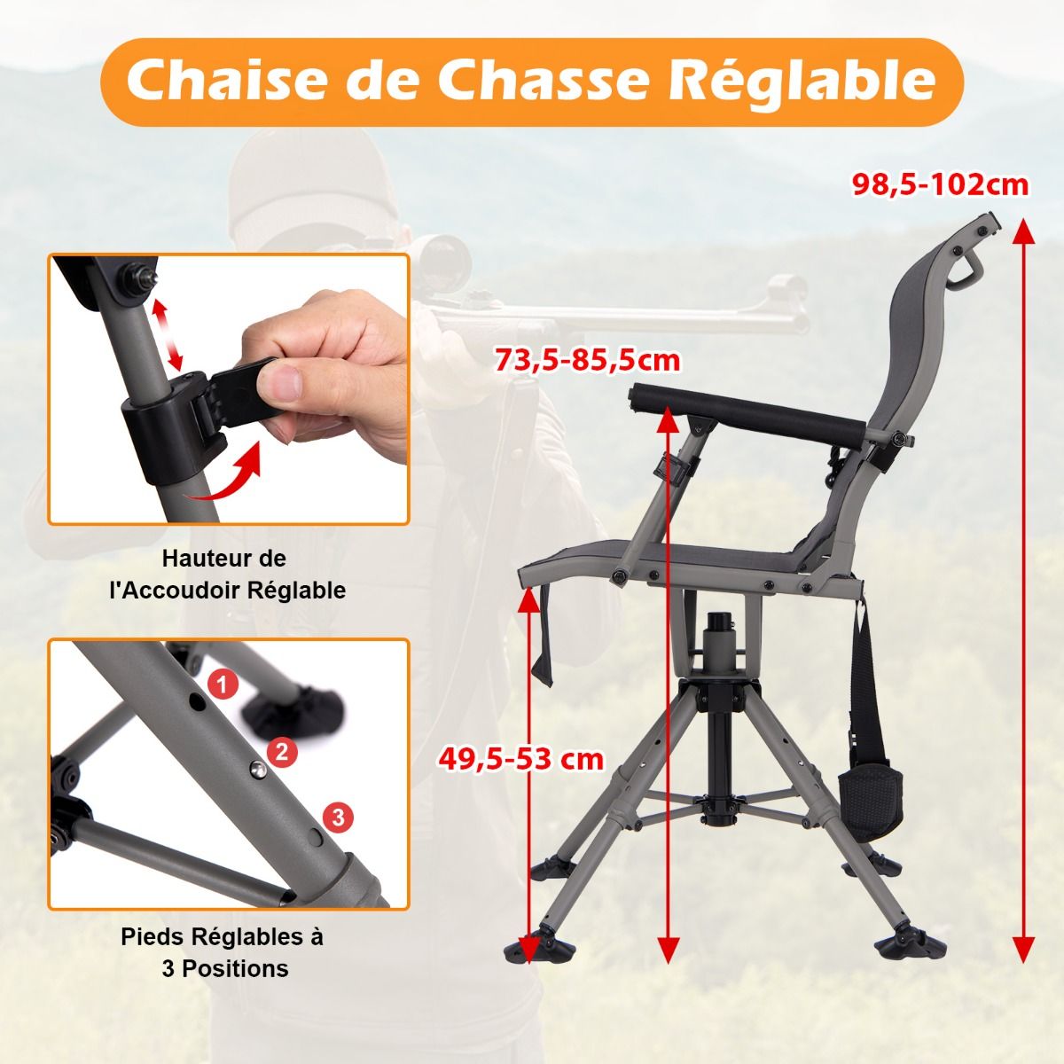 Chaise de Chasse Portable Chaise de Tir avec Sige de Pliable Rglables Rotation 360掳 Support de Fusil Rglable Charge 150 kg Noir -