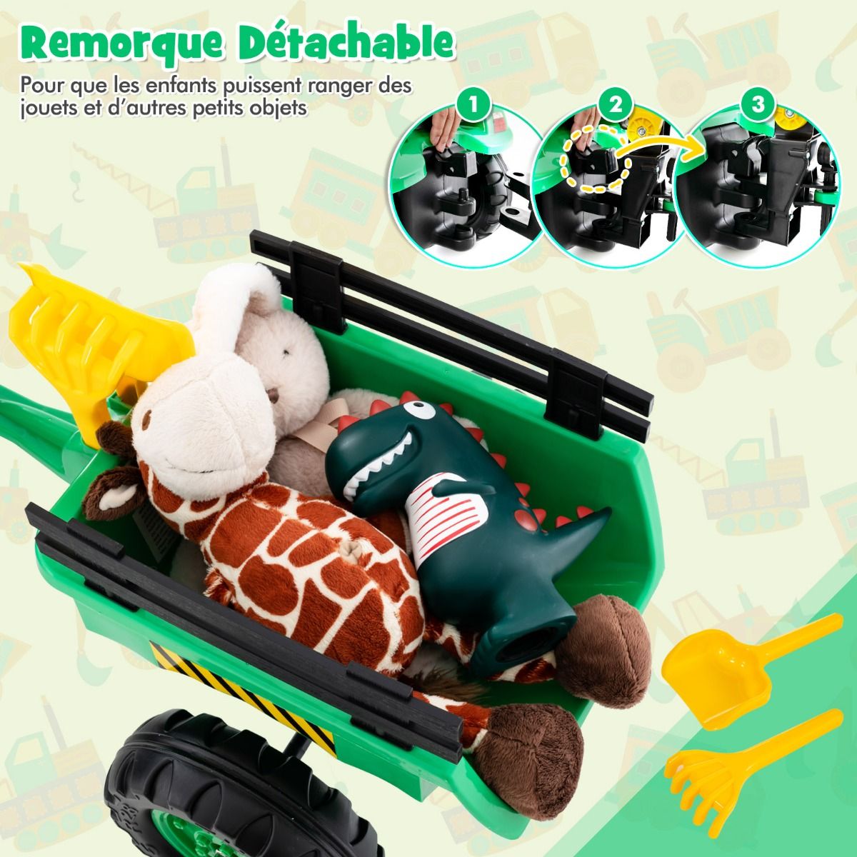 3 en 1 Tracteur pour Enfant avec 6 Roues Jouet Pelle Remorque Amovible avec Volant Klaxon 3 6 Ans Jaune/Vert -