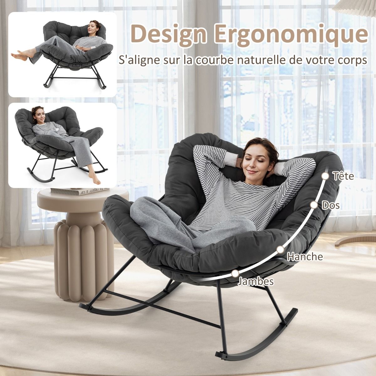 Chaise Bascule d'Intrieur et d'Extrieur Chaise Papasan Surdimensionne avec Coussin Rembourr & Cadre en Mtal Capacit 205 Kg Gris -