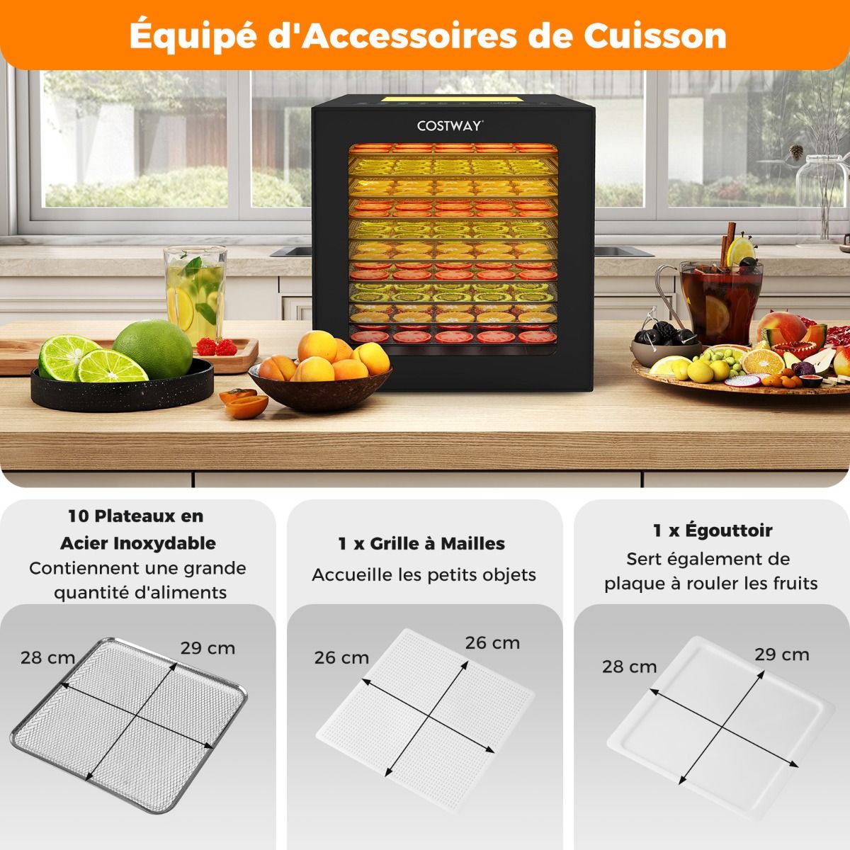 Dshydrateur Alimentaire Schoir 10 Plateaux en Acier Inoxydable avec 10 Programmes Prrgls Minuterie de 48H&Temprature de 30-75鈩Noir -