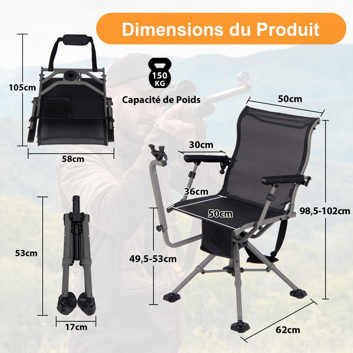 Chaise de Chasse Portable Chaise de Tir avec Sige de Pliable Rglables Rotation 360掳 Support de Fusil Rglable Charge 150 kg Noir -