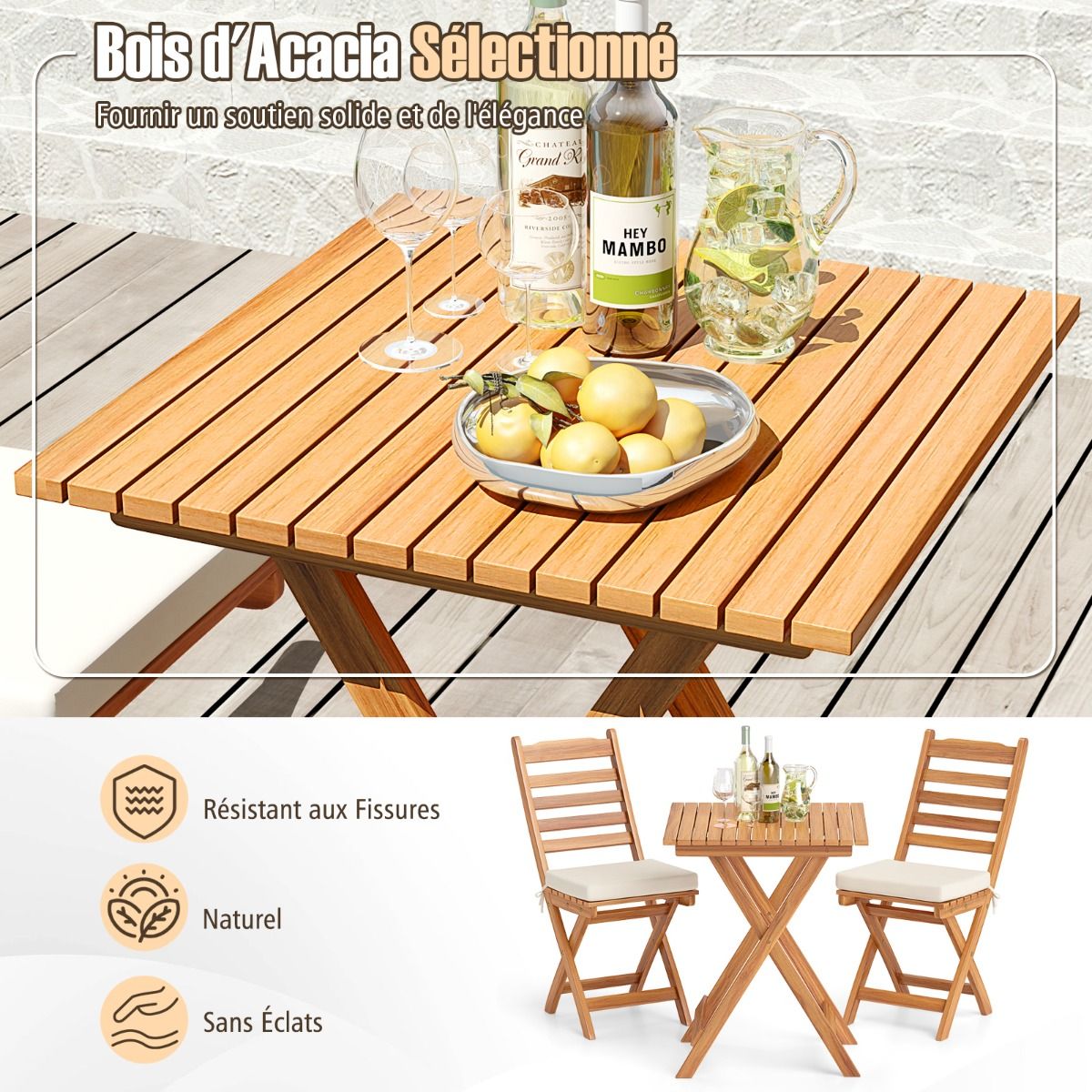 Ensemble Bistrot d'Extrieur en Bois d'Acacia Ensemble de Chaises Pliantes et Table Coussins de Sige Sans Accoudoirs Dossier Haut Blanc -