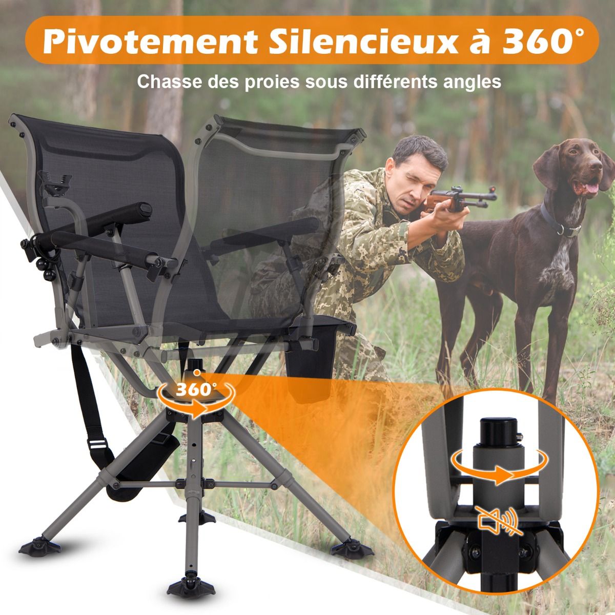 Chaise de Chasse Portable Chaise de Tir avec Sige de Pliable Rglables Rotation 360掳 Support de Fusil Rglable Charge 150 kg Noir -