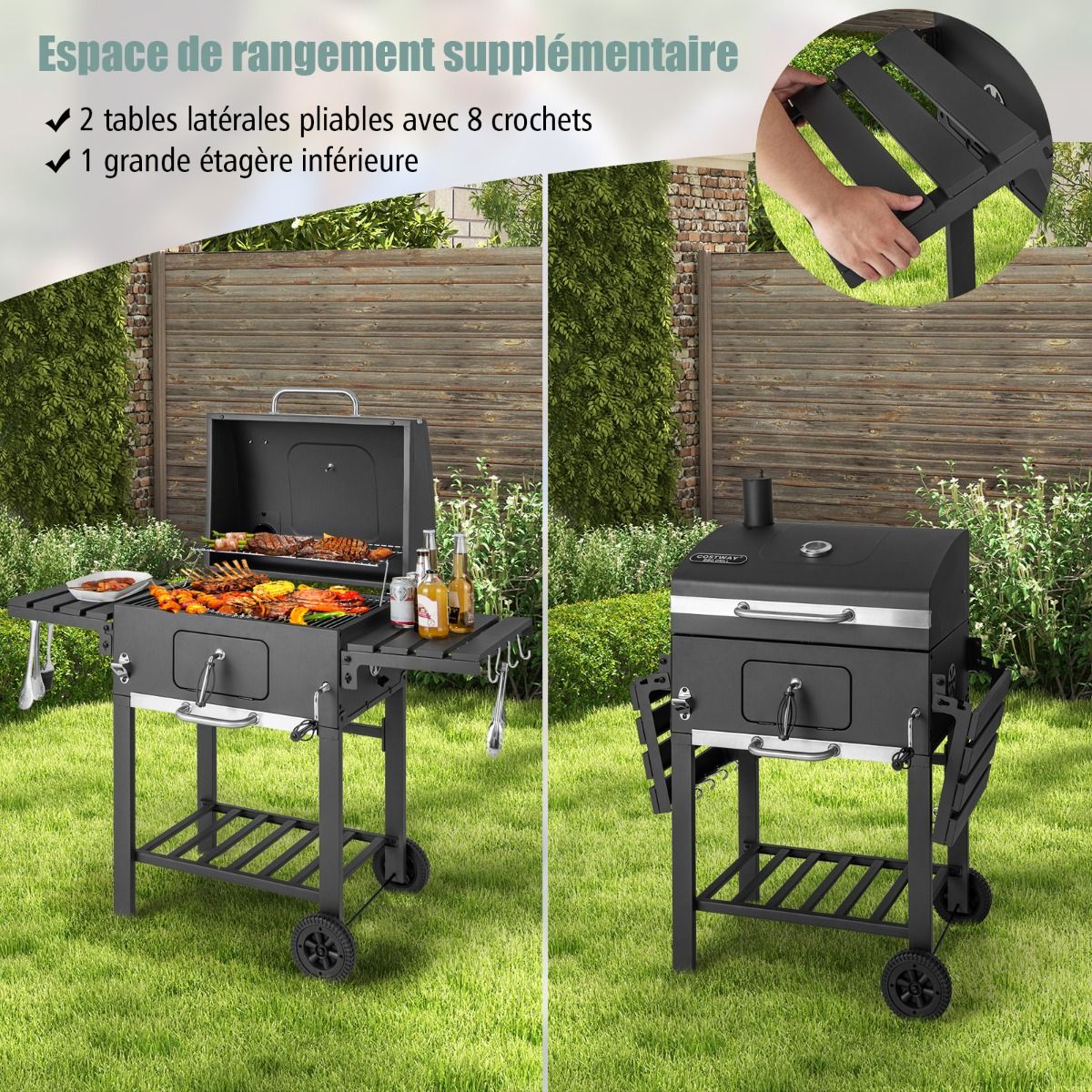 Barbecue Charbon de Bois Portable avec 2 Tables d'Appoint Noir -