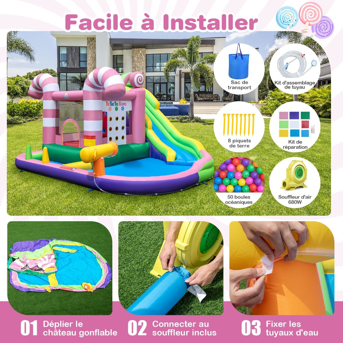9 en 1 Ch芒teau Gonflable en Forme Bonbons avec Toboggan Maison de Saut Gonflable avec Pistolet Eau Charge 90kg pour 2 Enfants de 3-10 Ans -