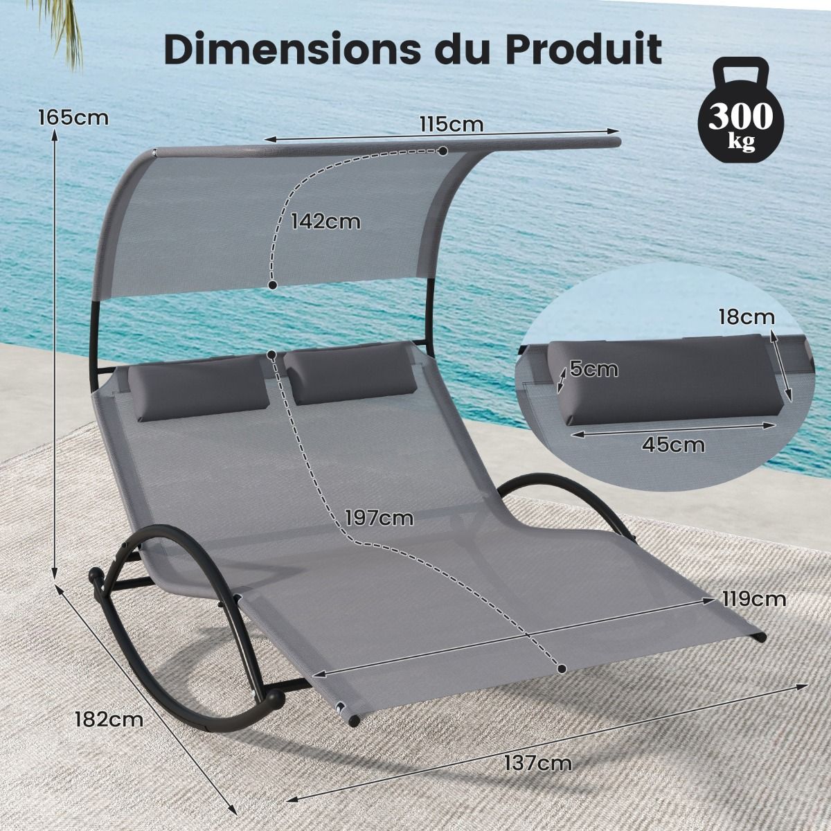 Chaise Longue Double Chaise Bascule pour 2 Personnes 2 Appui-T锚tes Amovibles Cadre en Mtal Robuste Lit de Repos Ergonomique 2 Places Gris/Noir/Beige -