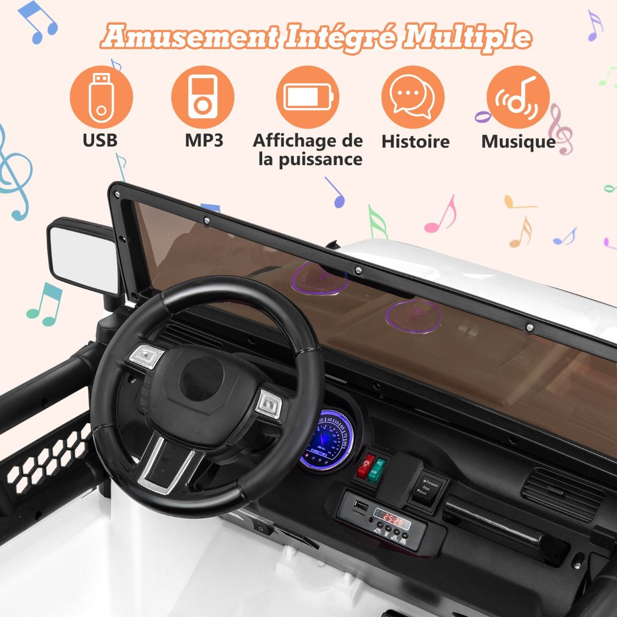 Voiture lectrique 24v pour Enfants 2 Places Tlcommande Musique Histoire Klaxon Usb Fonction de Dmarrage Lent Suspensions Ressort Blanc/Noir/Rose/Violet -