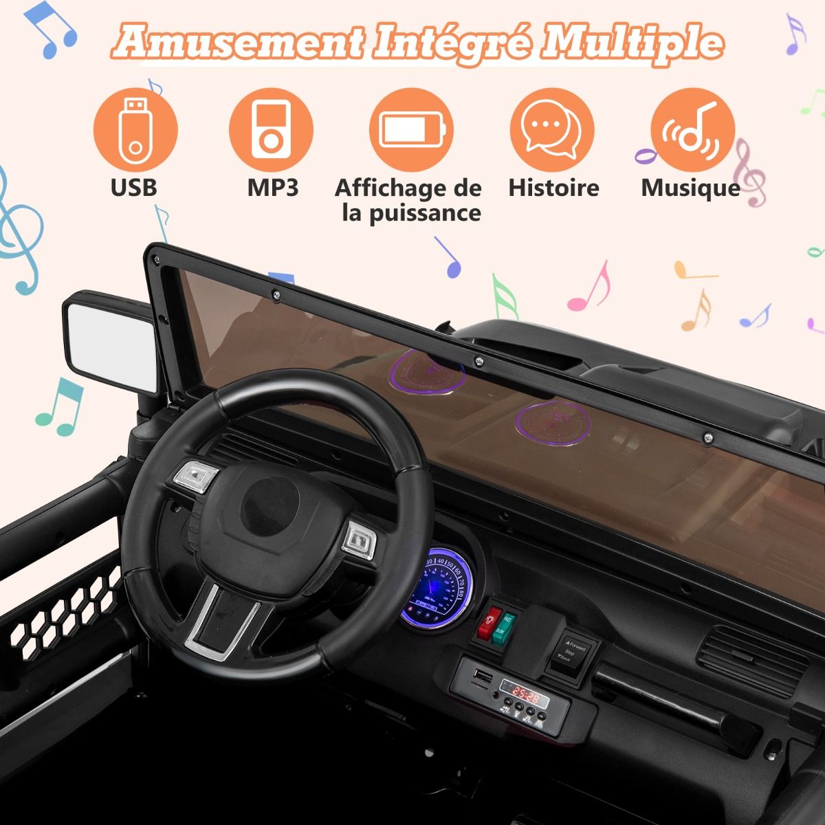 Voiture lectrique 24v pour Enfants 2 Places Tlcommande Musique Histoire Klaxon Usb Fonction de Dmarrage Lent Suspensions Ressort Blanc/Noir/Rose/Violet -