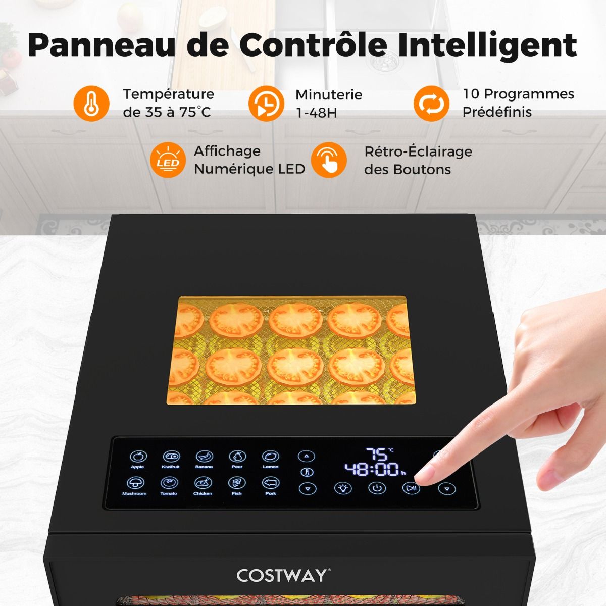 Dshydrateur Alimentaire Schoir 10 Plateaux en Acier Inoxydable avec 10 Programmes Prrgls Minuterie de 48H&Temprature de 30-75鈩Noir -