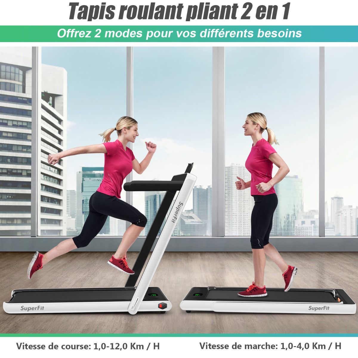 2 en 1 Tapis de Course Electrique Pliable 1 12 Km/H avec Haut-parleur Bluetooth Tlcommande Moteur 0,75HP Vert/Blanc/Noir/Rouge/Or/Noir et Argent/Bleu -