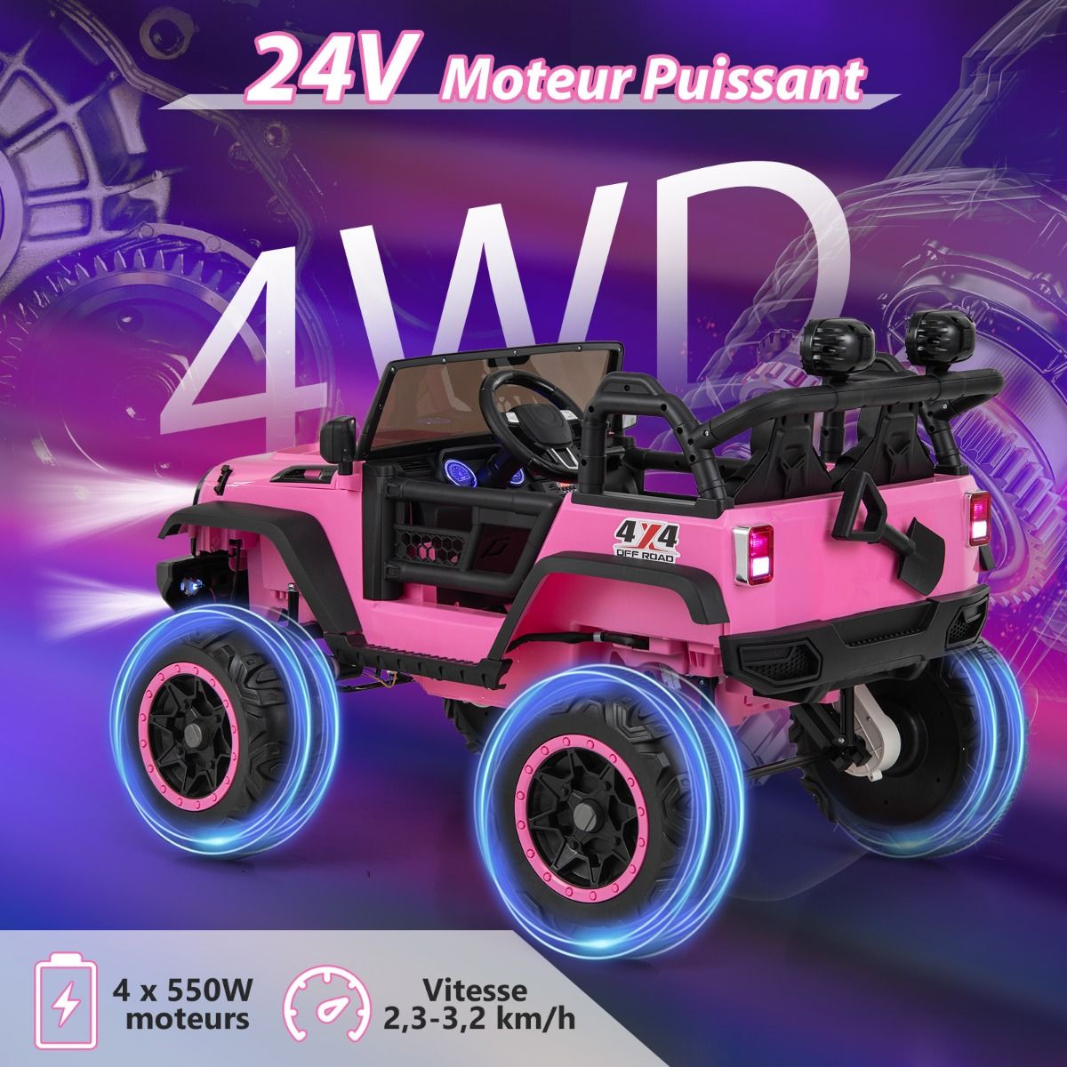Voiture lectrique 24v pour Enfants 2 Places Tlcommande Musique Histoire Klaxon Usb Fonction de Dmarrage Lent Suspensions Ressort Blanc/Noir/Rose/Violet -