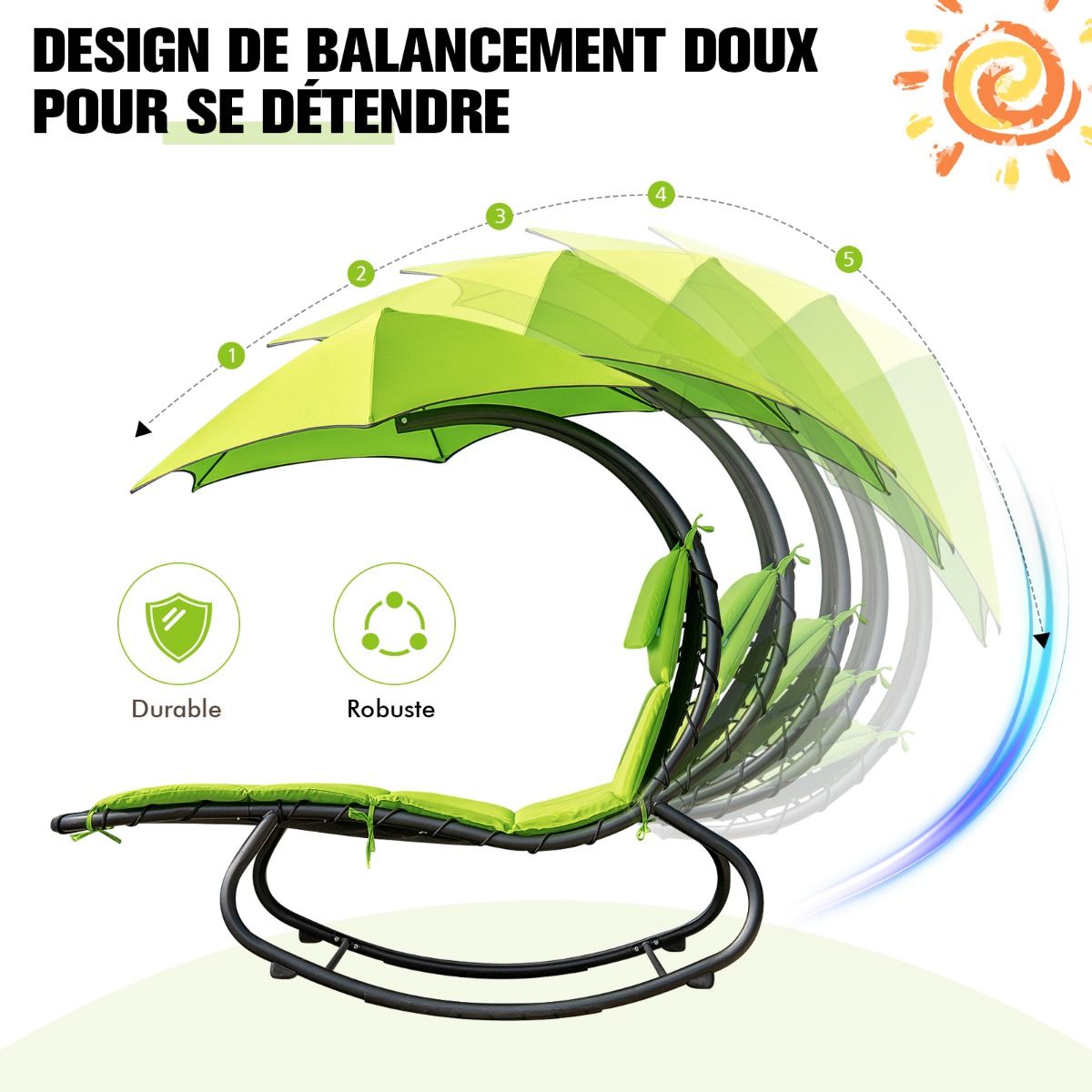 Bain de Soleil Bascule Transat Suspendu avec Pare-Soleil & Coussin Hamac Charge 150KG 184 cm x 147 cm x 187 cm Vert -