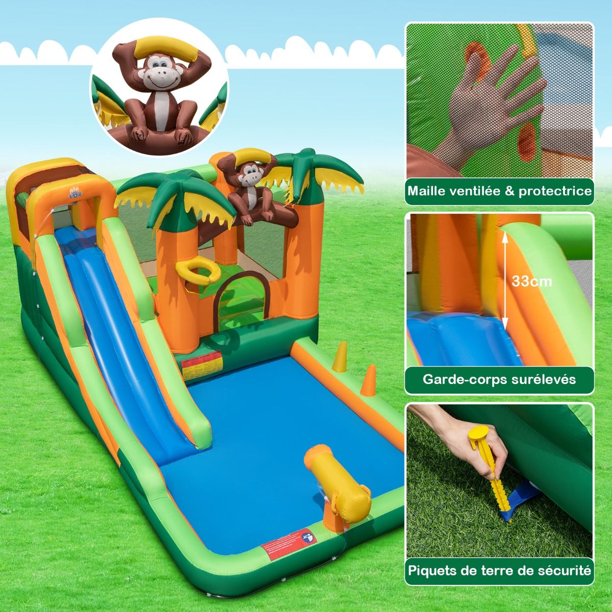 7 en 1 Ch芒teau Gonflable Tropical Thme Singe & Palmier avec Toboggan Aquatique avec Piscine & 50 Boules Charge 90kg pour 2 Enfants de 3-10 Ans -