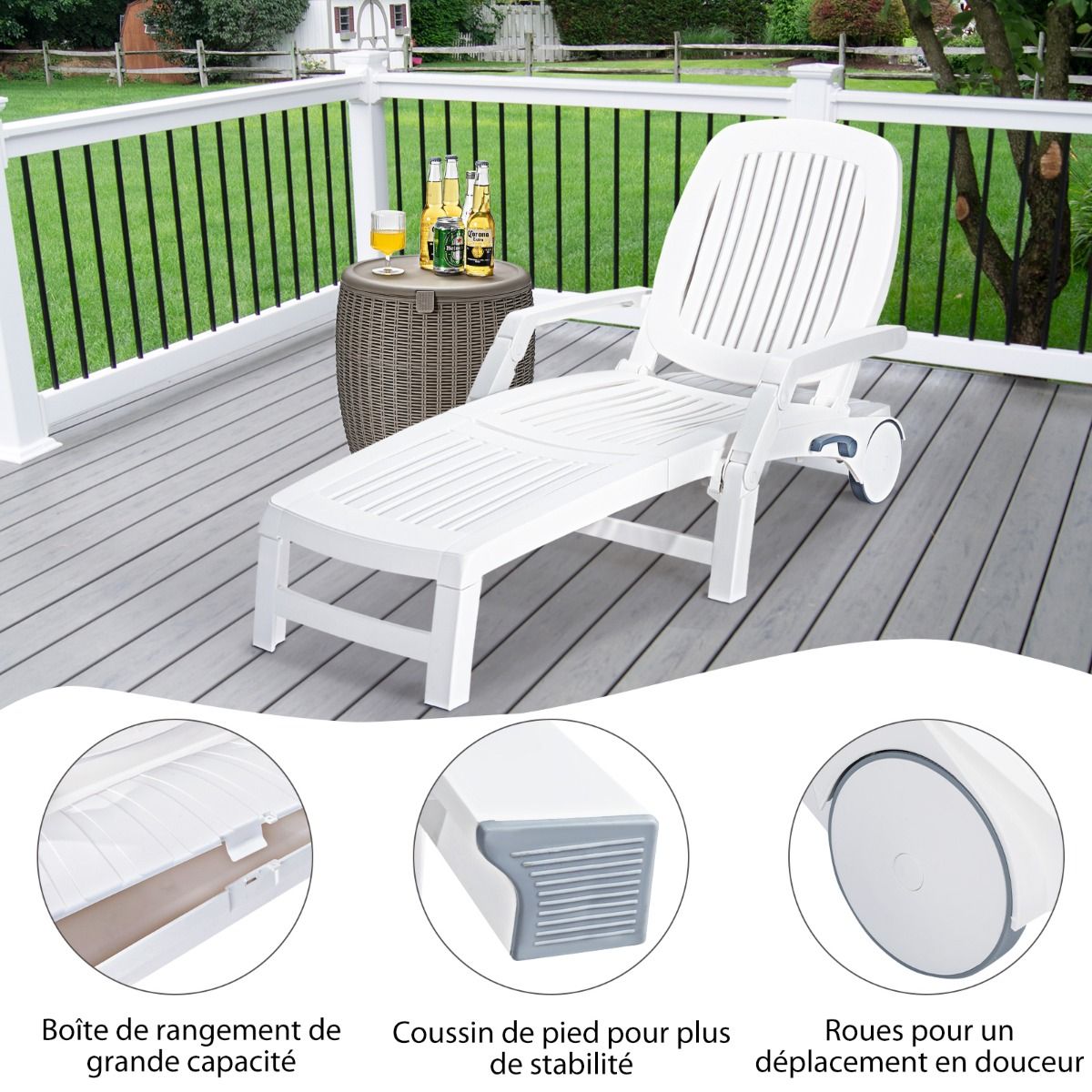Chaise Longue Inclinable Rglable 5 Positions avec Roues Flexibles Fauteuil Relax de Camping avec Bo卯te de Rangement Charge 150KG Blanc -