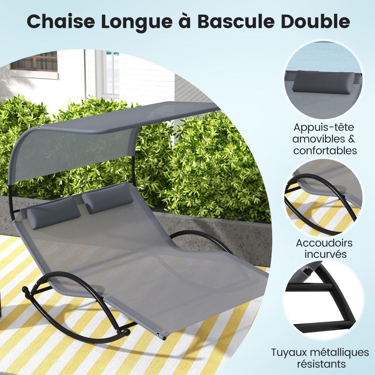 Chaise Longue Double Chaise Bascule pour 2 Personnes 2 Appui-T锚tes Amovibles Cadre en Mtal Robuste Lit de Repos Ergonomique 2 Places Gris/Noir/Beige -