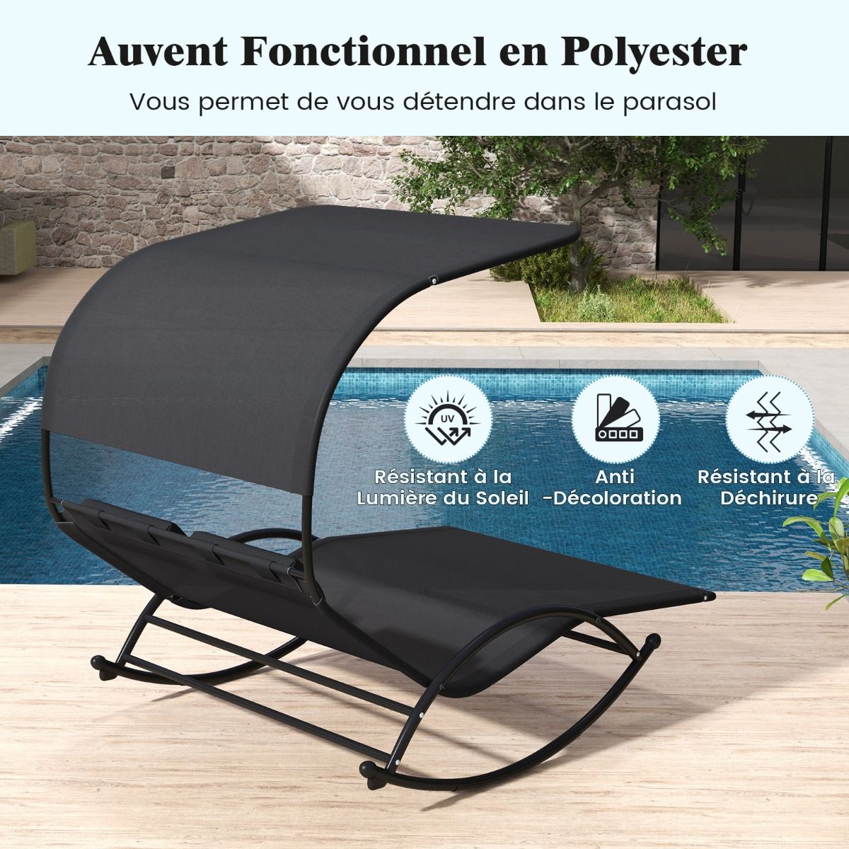 Chaise Longue Double Chaise Bascule pour 2 Personnes 2 Appui-T锚tes Amovibles Cadre en Mtal Robuste Lit de Repos Ergonomique 2 Places Gris/Noir/Beige -
