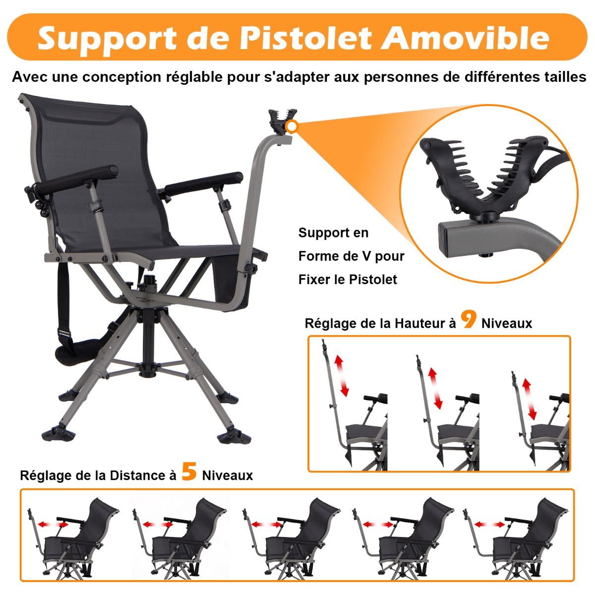 Chaise de Chasse Portable Chaise de Tir avec Sige de Pliable Rglables Rotation 360掳 Support de Fusil Rglable Charge 150 kg Noir -