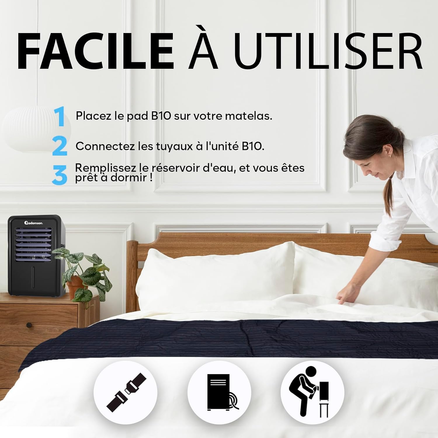 Adamson B10 Refroidisseur Lit Twin 190x100 CM + Surmatelas Rafraichissant 100% Coton + Matelas Climatisé Idéal Contre Les Sueurs Nocturnes + pour Les Dormeurs Chauds - Garantie 5 Ans - Bleu Marine