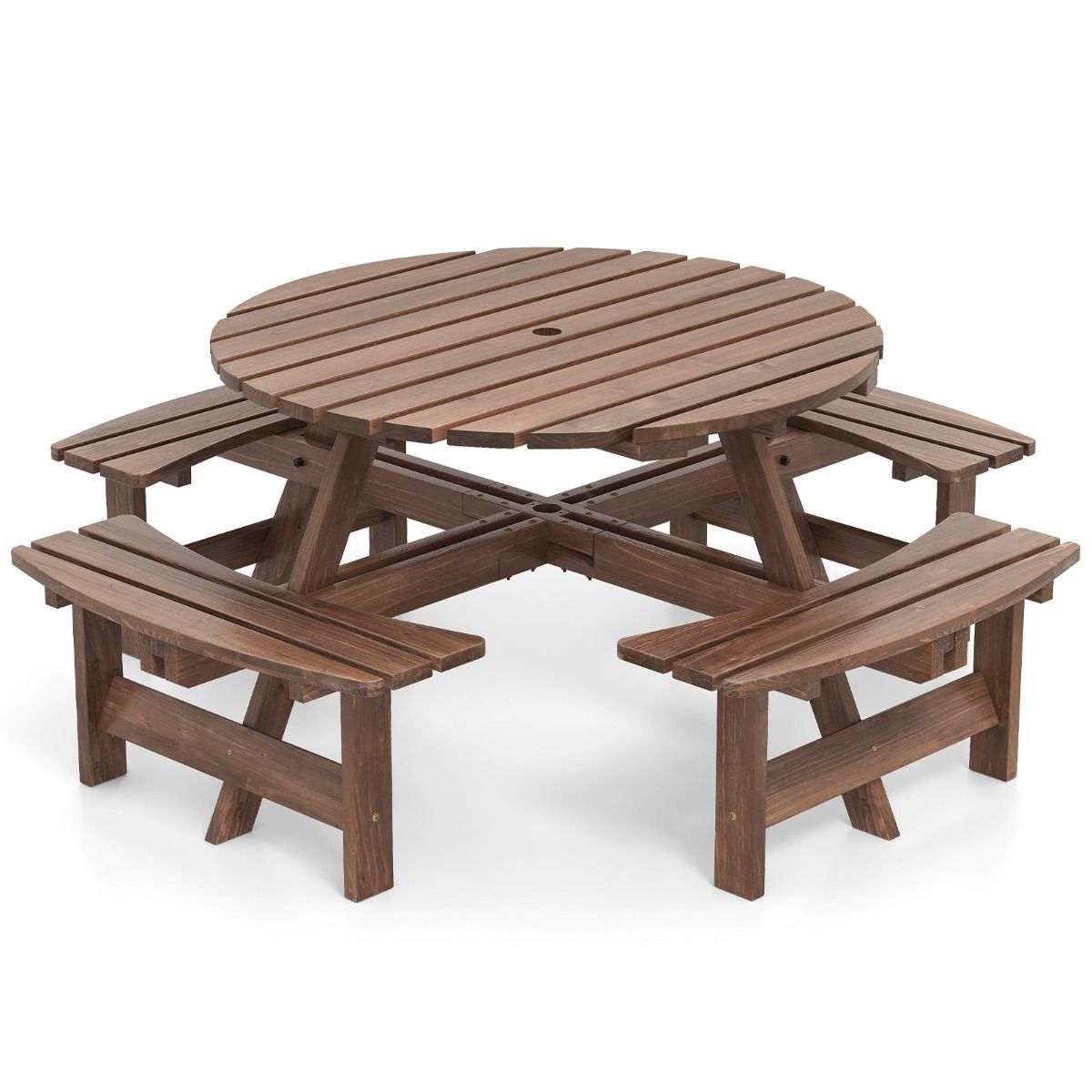 Ensemble Table de Pique-Nique en Bois pour 2 8 Personnes Set Table et Banc Circulaire avec 4 Bancs Intgrs Trou de Parasol de 5cm Marron/Jaune -
