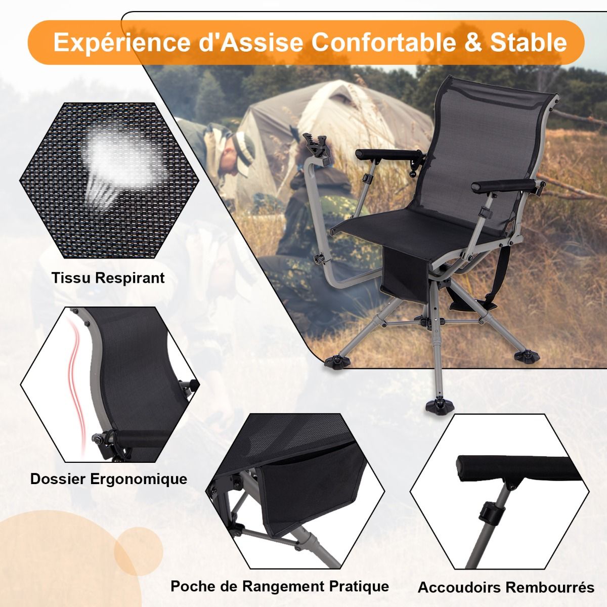 Chaise de Chasse Portable Chaise de Tir avec Sige de Pliable Rglables Rotation 360掳 Support de Fusil Rglable Charge 150 kg Noir -