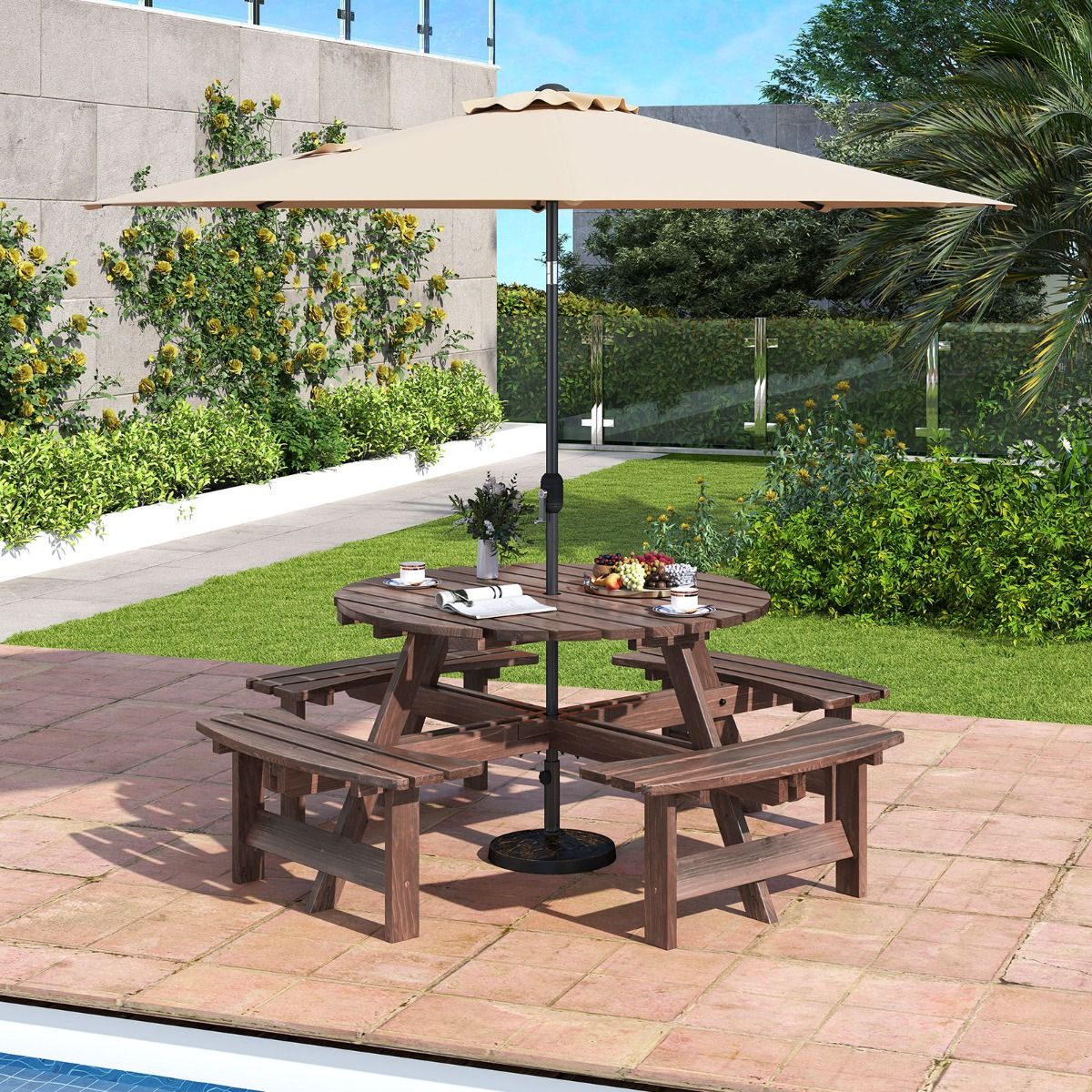Ensemble Table de Pique-Nique en Bois pour 2 8 Personnes Set Table et Banc Circulaire avec 4 Bancs Intgrs Trou de Parasol de 5cm Marron/Jaune -